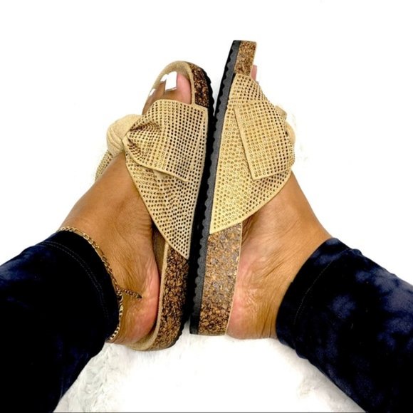 Embellished Bow Cork Slides in Beige - Picture 5 of 8